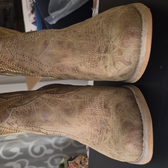 Western Cowgirl  Chunky Heel Mid Calf Snip Toe Vintage Tan Cowboy Boots 9.5 - Picture 13 of 14